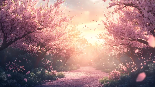 Cherry blossom path under warm sunset light.