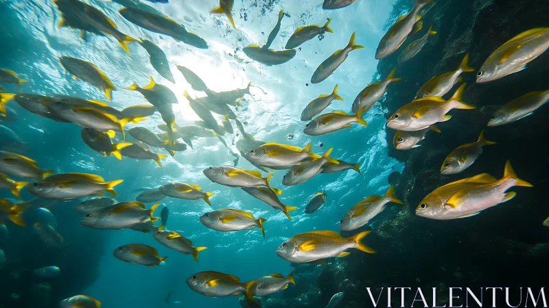 School of reef fish in backlit wide‑angle underwater scene