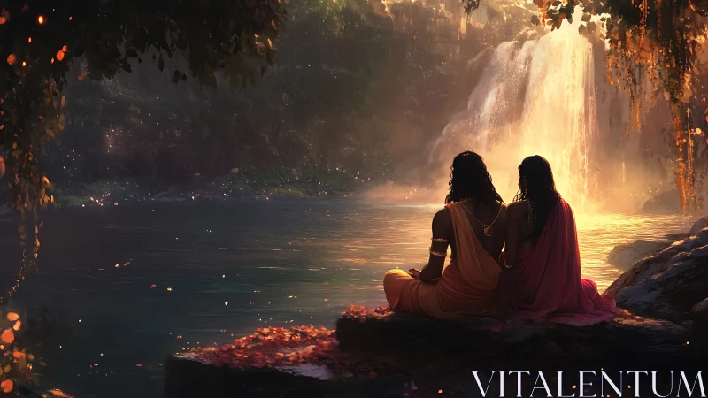 Golden waterfall evening invites two friends into quiet wonder