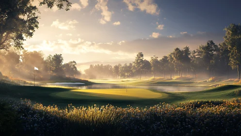 Morning mist drapes a luminous golf green in quiet splendor
