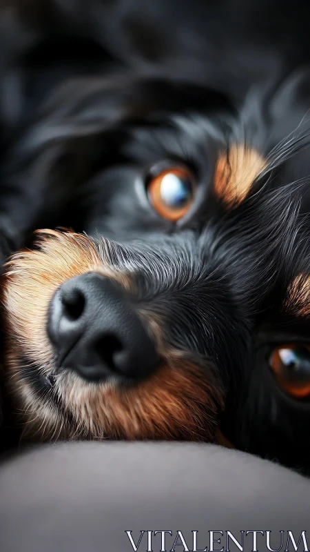 Close-up portrait of resting black and tan dog face.