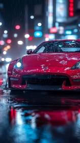 Red sports coupe under neon rain with cinematic reflections.