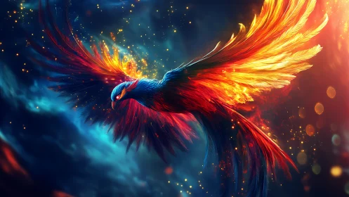 Majestic Phoenix in Fiery Flight, Digital Fantasy Art Style.