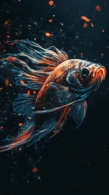 Vibrant betta fish glows in dark water with ember sparks