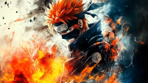 Fiery masked ninja amid swirling elemental chaos digital art.