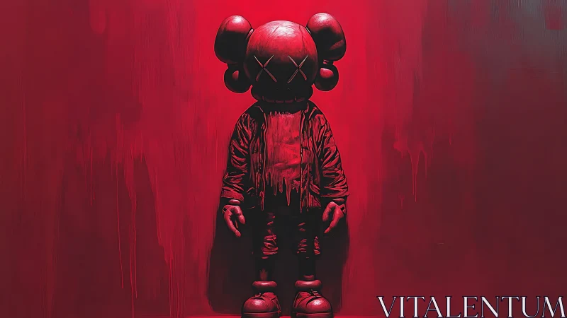 Crimson toy sentinel melts into a dripping monochrome void