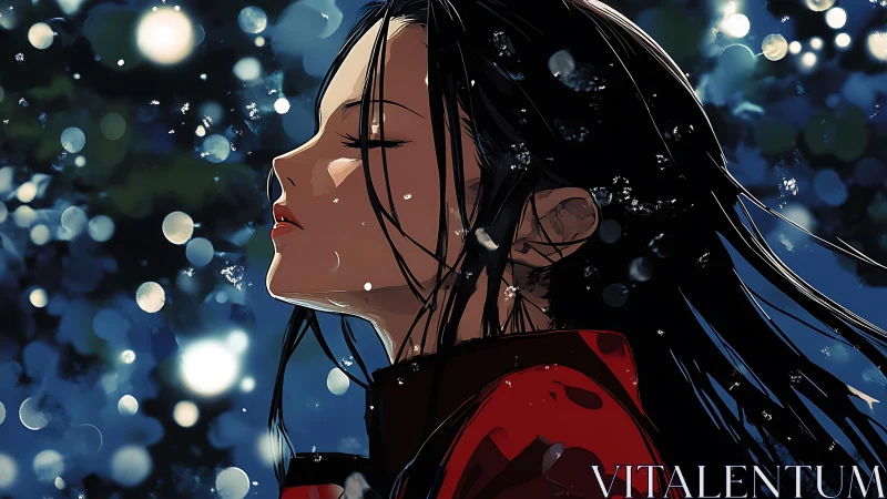 Woman in red coat under falling snow at night.