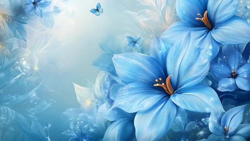 Serene Blue Flowers Dance with Delicate Butterflies