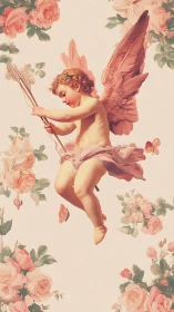 Baroque-inspired cherub with bow suspended amid rose garlands