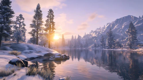 Gentle winter sunrise glows over a calm forest lake