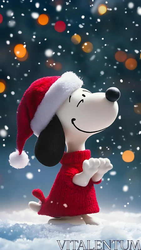Cartoon dog in red sweater enjoying gentle winter snowfall.