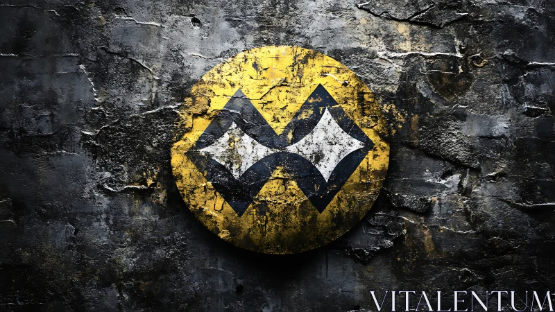 Weathered yellow emblem with geometric black and white symbol.