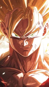 Intense anime warrior with glowing golden hair and aura.