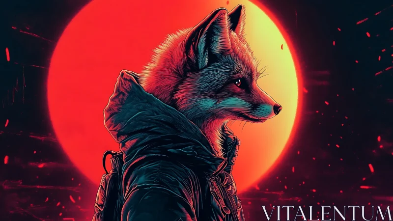 Cyberpunk fox sentinel before neon red eclipse sun.