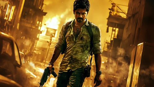 Battle-hardened hero advances through burning city streets.