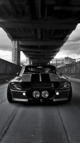 Monochrome muscle car portrait under brutalist overpass structure