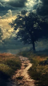 Dramatic country path curves toward lone tree under storm sky