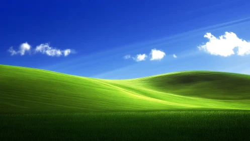 Rolling neon meadows under a crystal-blue storybook sky.