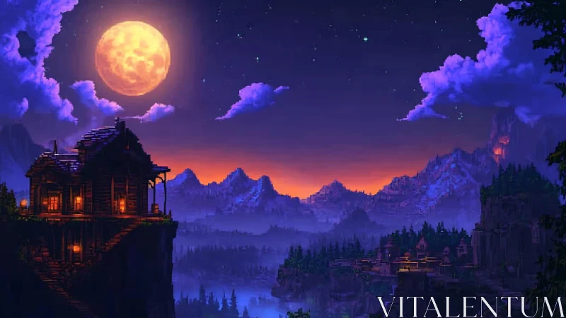 Mountain cabin overlooks moonlit valley and distant village