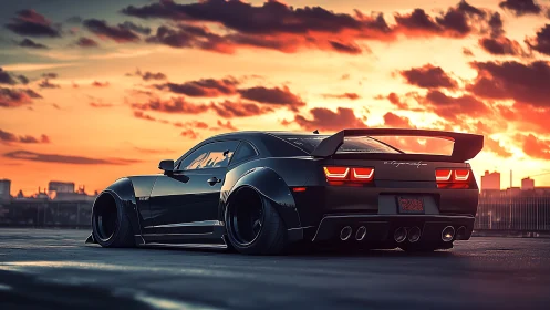 Widebody black muscle car waits under vivid sunset sky