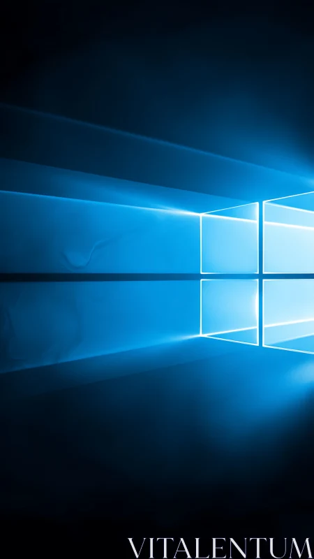 Blue window light beams cut through deep digital darkness.