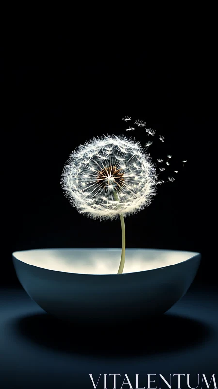 Dandelion seeds drifting from luminous bowl arrangement.