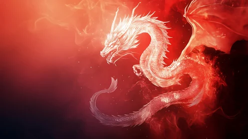 Luminous red dragon coils through blazing abstract firestorm.