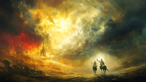 Two riders approach mythic citadel under apocalyptic sky