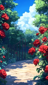 Sunlit stone garden path lined with vivid red roses.