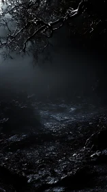 Moonlit branches hang over dark, wet rocky ground