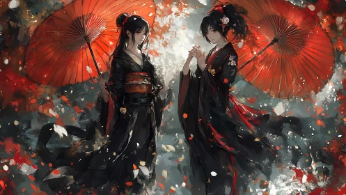 Crimson parasols crown twin geishas in swirling painted dusk.