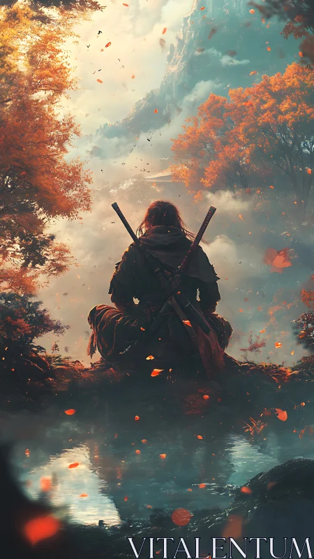 Solitary samurai studies autumn mountains in quiet reverie