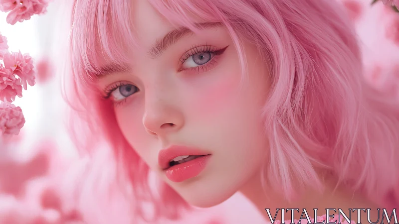 Pink-haired subject portrait in monochromatic floral setting.