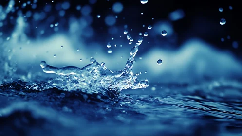 Macro water splash with frozen droplets in deep blue light.