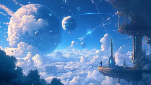 Floating sky city extends above clouds under massive planets