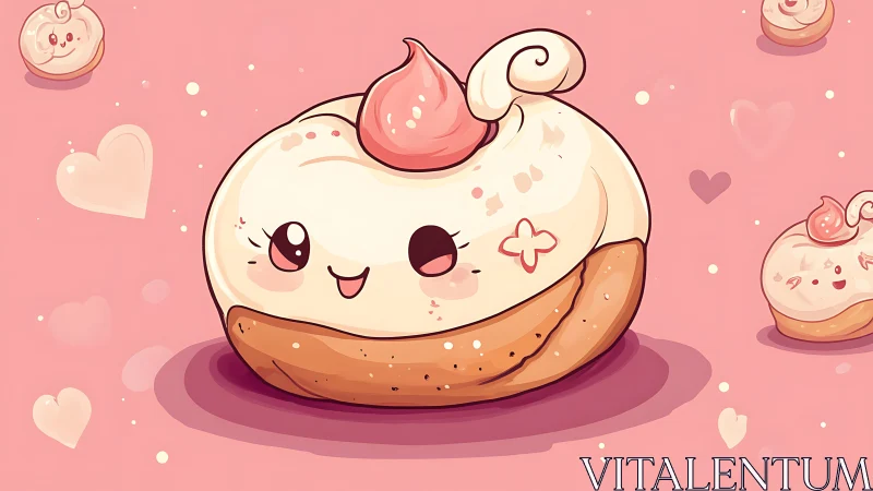Anthropomorphic Pastry Illustration with Cream and Fruit Topping