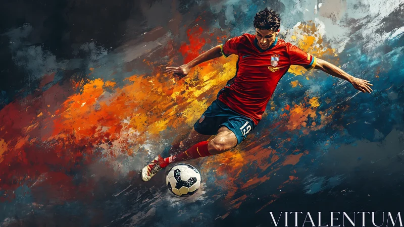 Dynamic soccer forward strikes through blazing color field.