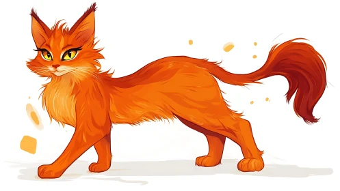 Stylized long-bodied orange cat with expressive yellow eyes