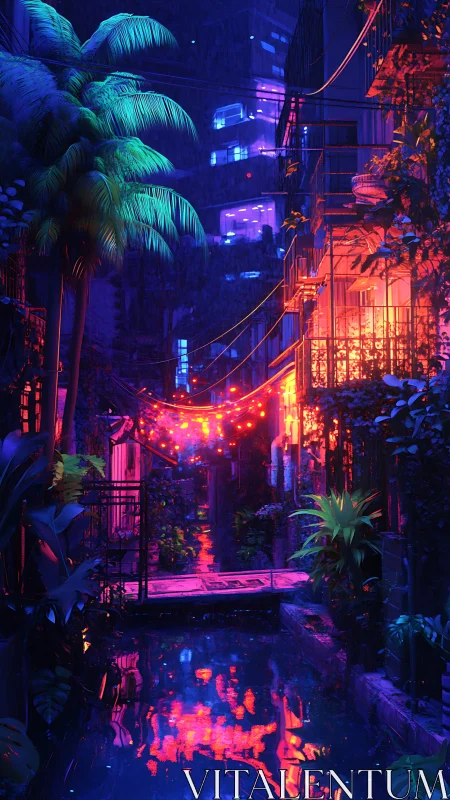 Neon alleyway glows over a tranquil rain-soaked canal at night