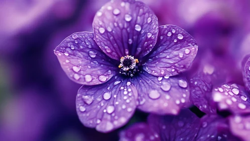 Purple Flower Petals Drenched Raindrops Macro Detail.