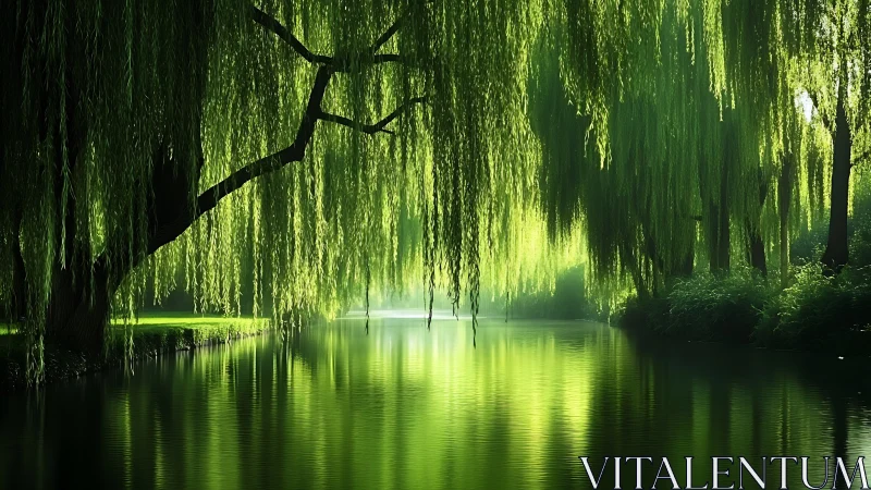 Willow trees over calm river in dense green riverside grove.