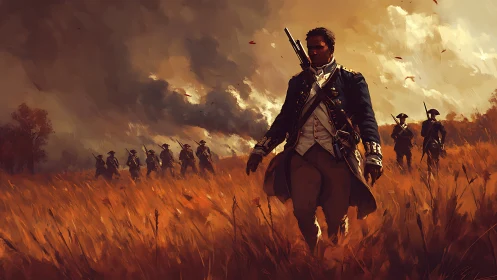 Resolute revolutionary officer leading troops through fire.