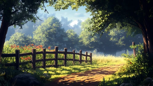 Sunlit country path curving beside rustic wooden fence.