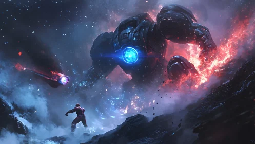 Colossal mech unleashes energy blast against lone space hero