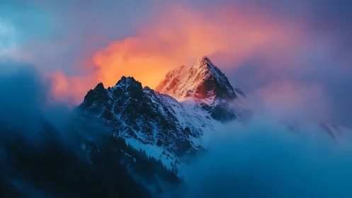 Snowy mountain peak lit by vivid pink and orange sunset.