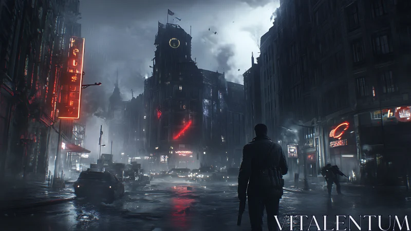 Lone figure walks through neon city street in heavy rain