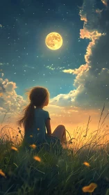Girl in a twilight meadow gazing up at the glowing moon.