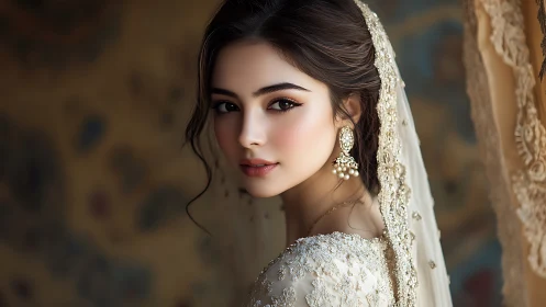 Elegant bridal portrait with embroidered veil and jewelry.