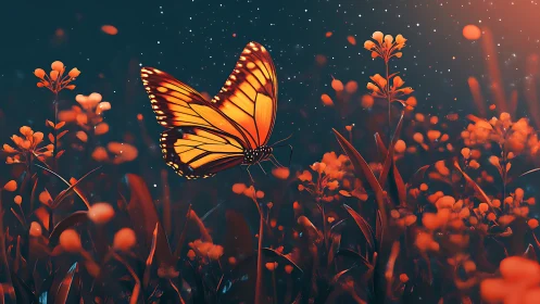 Luminous monarch drifts through ember-lit twilight meadow.