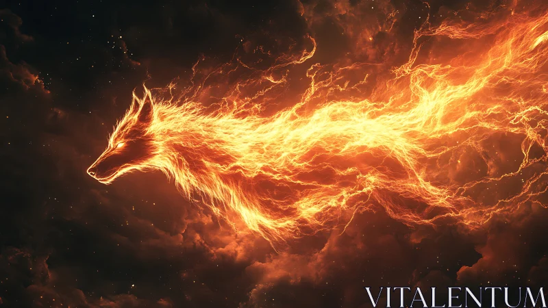 Pyrokinetic fox silhouette streaks across a cosmic storm field